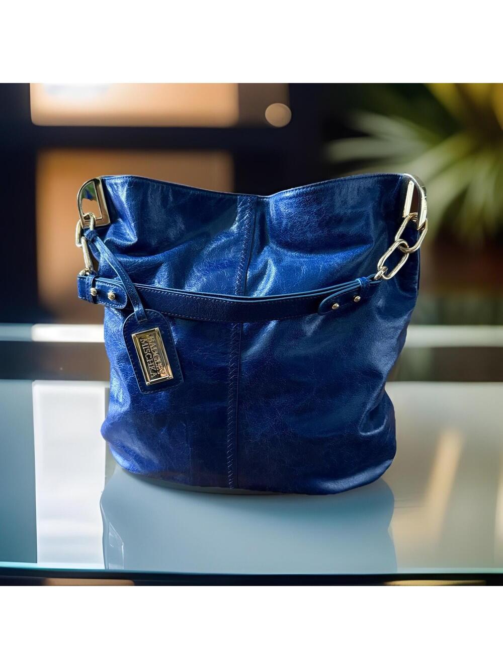 Badgley Mischka Cobalt Blue Oversized Hobo Shoulder Bag Gold Hardware